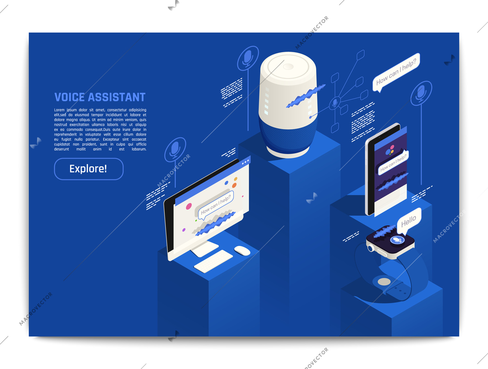 Personal voice assistant home automation isometric web page design with desktop tablet smartwatch apps   blue vector illustration