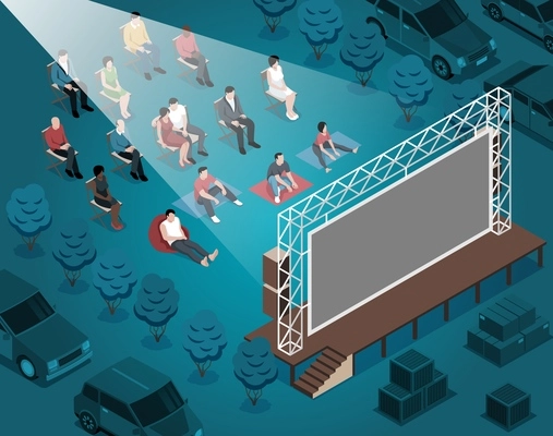 Isometric open air cinema composition with outdoor movie theater safe amount of distance between sitting people vector illustration