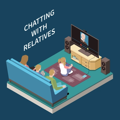 Online chatting isometric background with family talking with old relative by tv and smartphone vector illustration