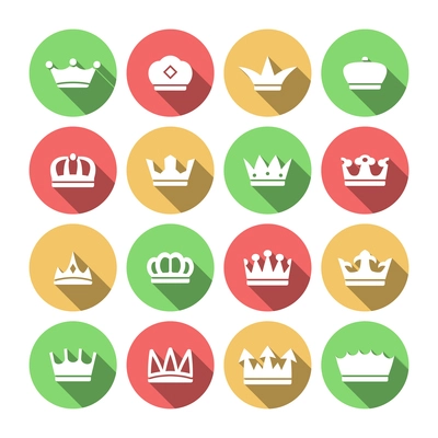 Imperial classical crowns flat solid icons set for  king queen prince jewelry elements composition isolated vector illustration