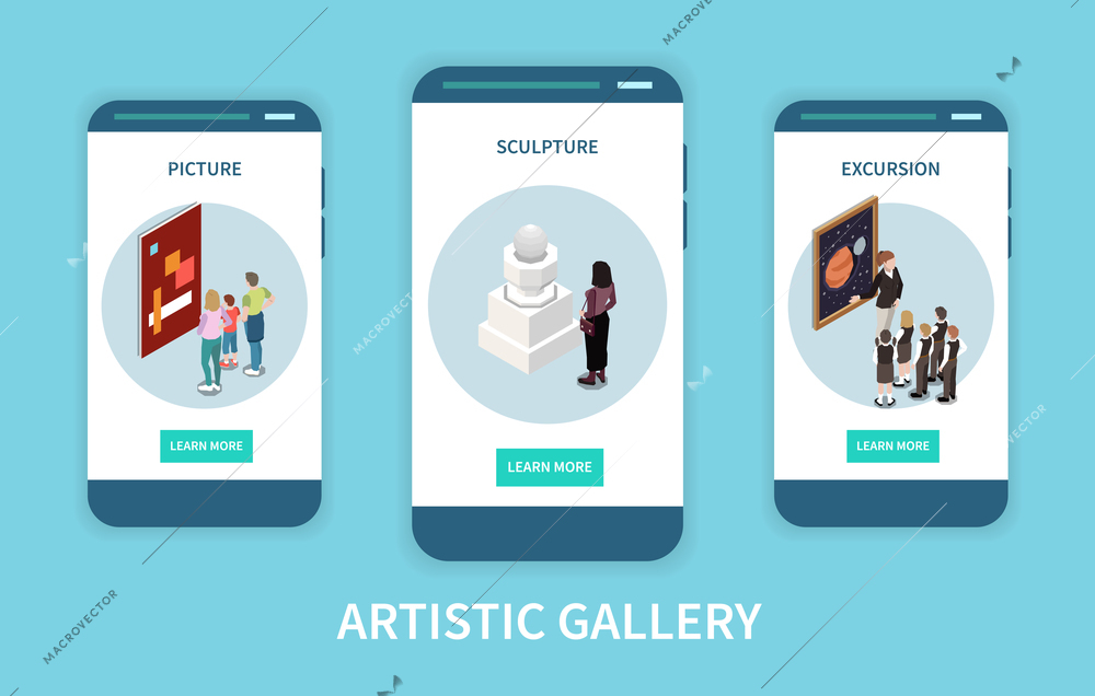 Artistic gallery mobile app concept with information about pictures sculptures and excursion   on smartphone screens isometric vector illustration