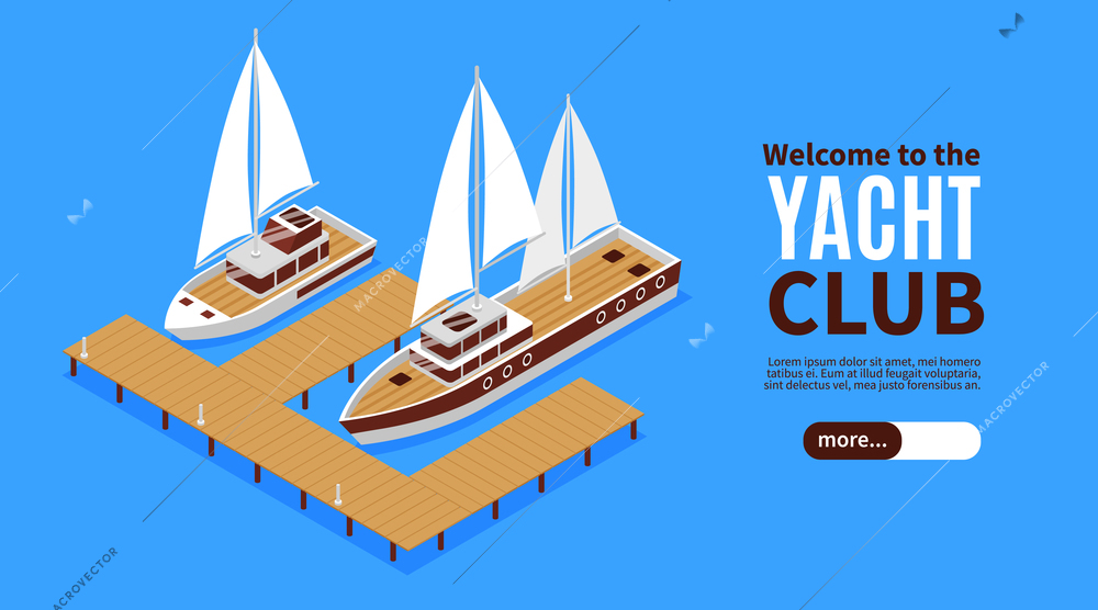 Isometric horizontal banner with two luxury yachts and wooden pier 3d vector illustration