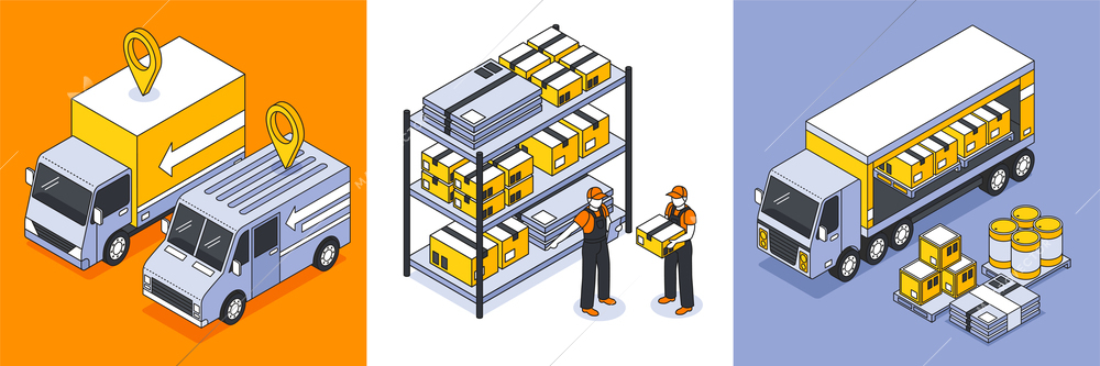 Isometric logistics design concept with images of boxes on warehouse racks with cargo trucks and vans vector illustration