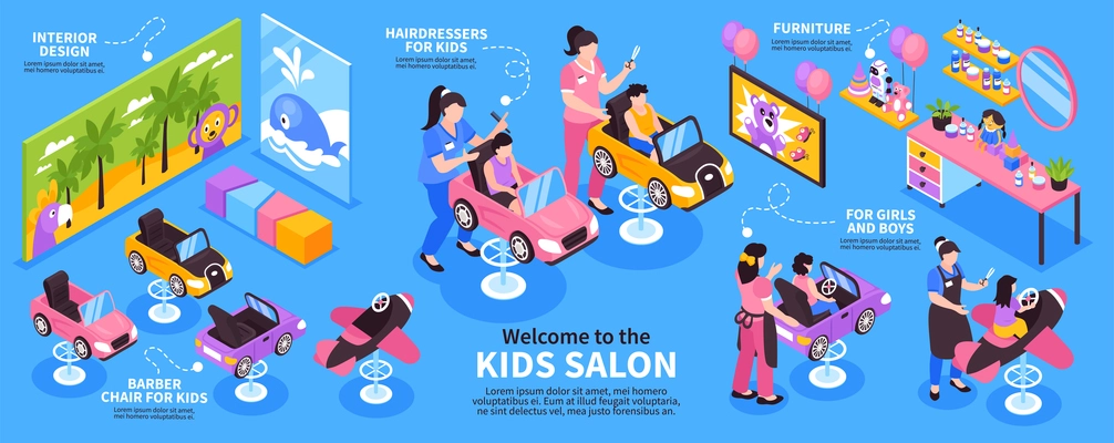 Isometric infographics with beauty salon interior for kids with children toys furniture posters 3d vector illustration