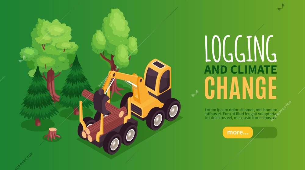 Isometric wooden furniture production horizontal banner with button text and image of bulldozer loading tree trunks vector illustration