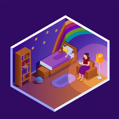 Reading isometric composition with view of childrens bedroom with mother reading out book to her child vector illustration