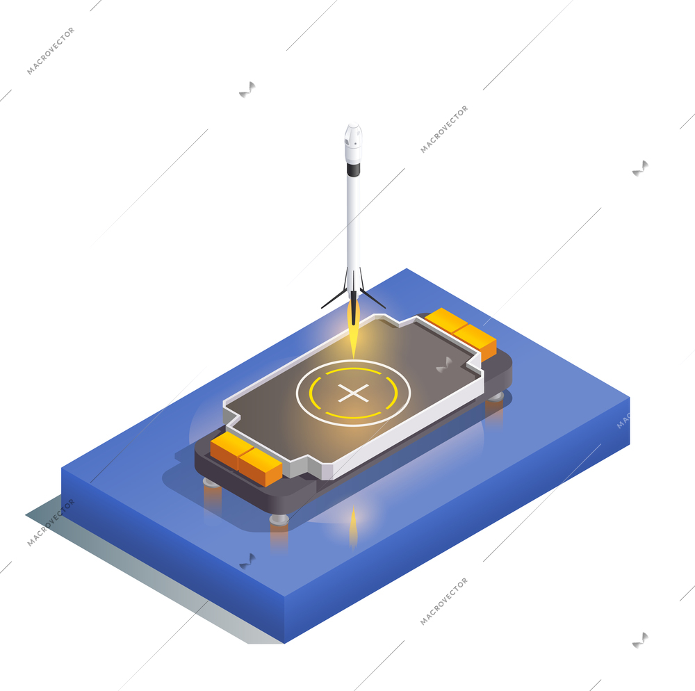 Modern space program composition with isometric images of launching base with flying rocket clearing the pad vector illustration