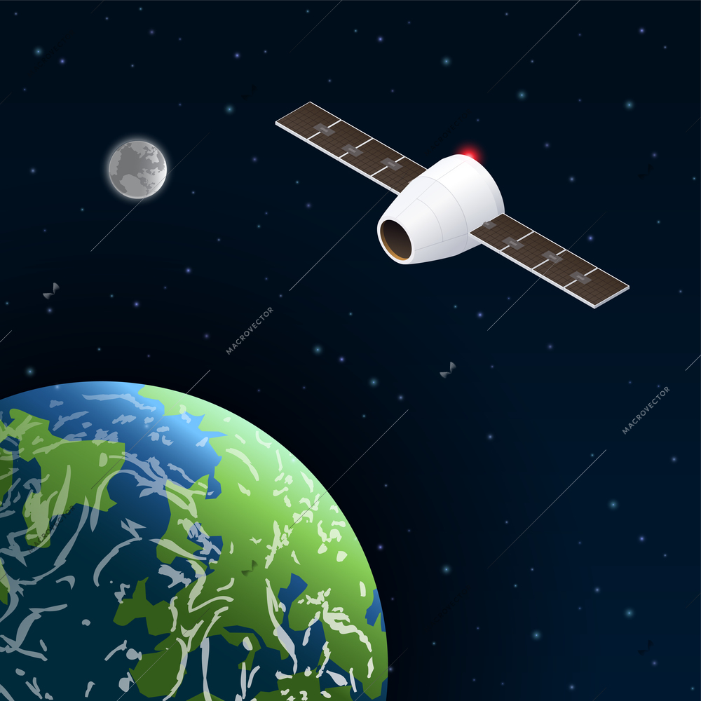 Modern space program isometric composition with outer space scenery secondary planet and artificial satellite with stars vector illustration