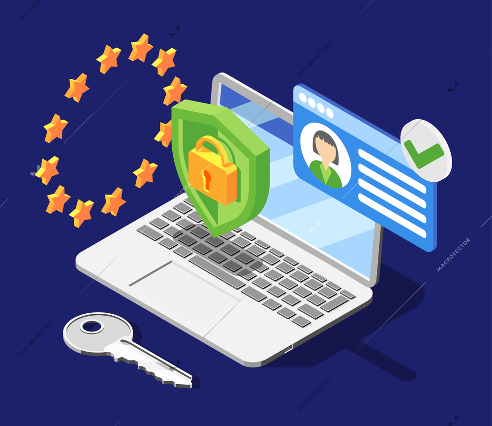 Personal data protection gdpr isometric background with european union symbolics shield and lock pictograms with laptop vector illustration