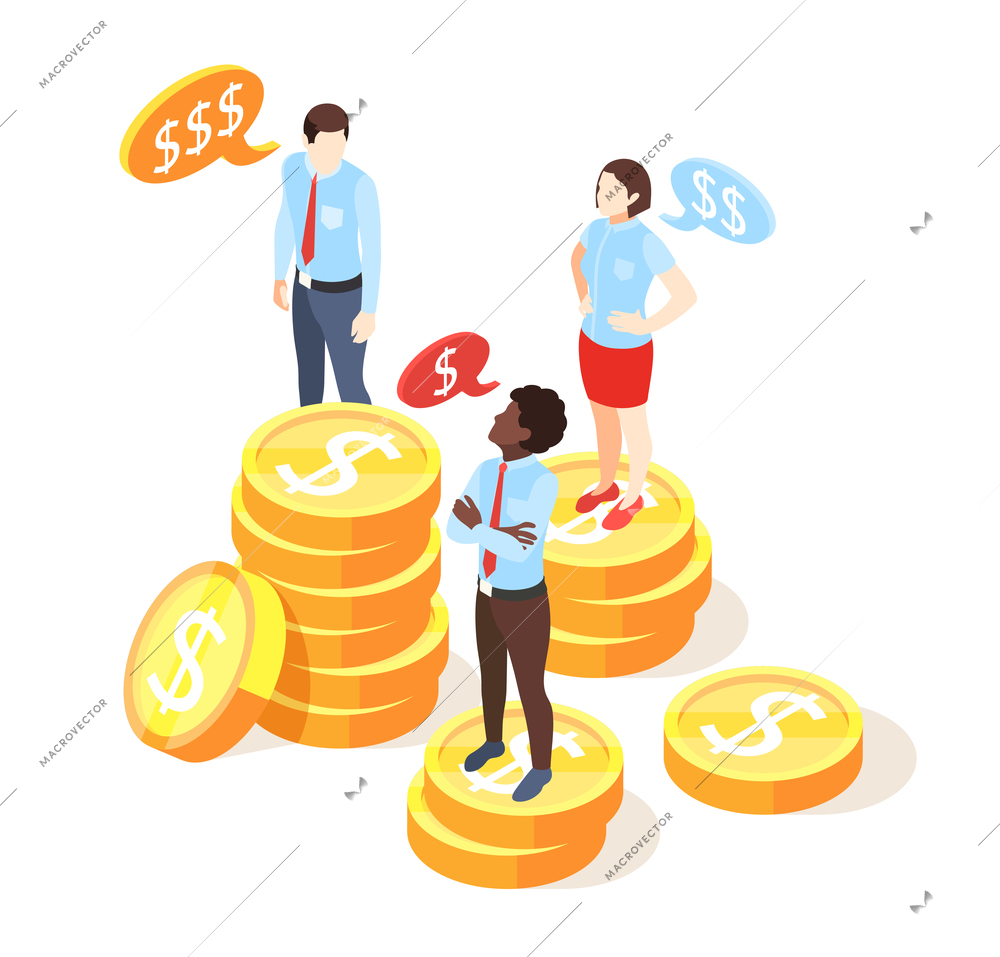 Discrimination isometric composition with human characters standing on stacks of dollar coins representing gaps in salaries vector illustration