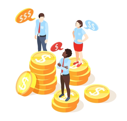 Discrimination isometric composition with human characters standing on stacks of dollar coins representing gaps in salaries vector illustration