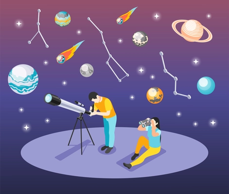 Astronomy isometric background composition with human characters looking through telescope and binocular with constellations of stars vector illustration