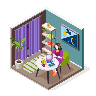 Magical services isometric background composition with indoor view of fortunetelling room with character of fortune teller vector illustration