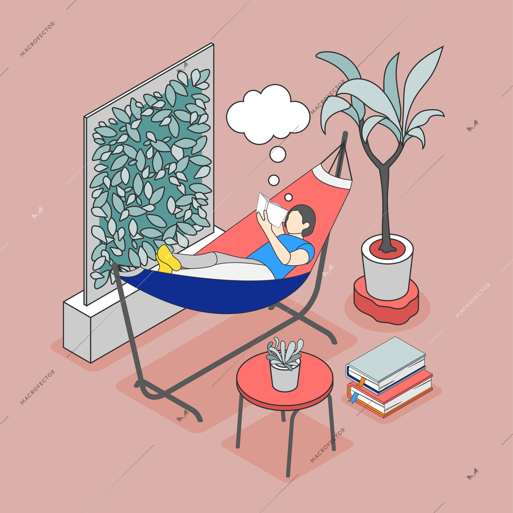 Reading people isometric background composition with human character reading book in hammock with interior elements images vector illustration