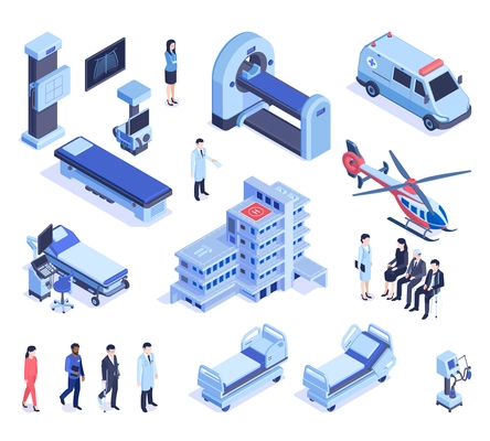 Hospital building staff equipment transportation isometric set with ambulance mri scanner intensive care bed patients vector illustration