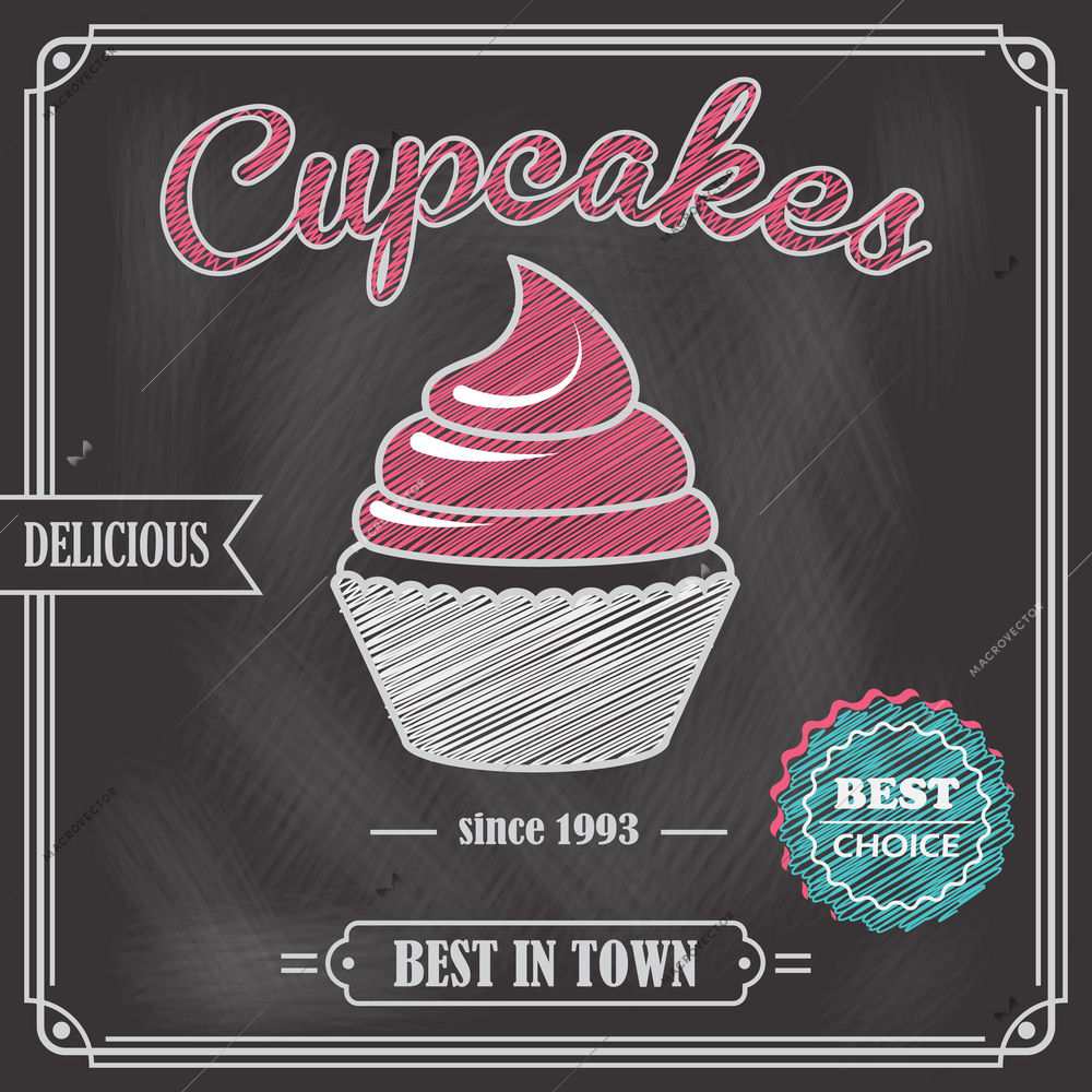 Sweet food dessert cupcake on cafe chalkboard poster vector illustration
