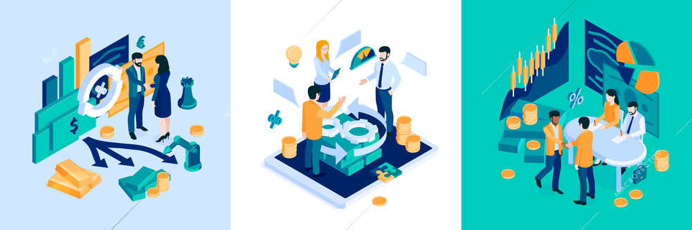 Successful investment strategy concept 3 isometric compositions with risk managing solutions project plan adjusting analytics vector illustration