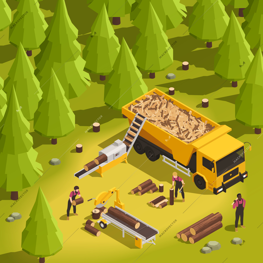 Sawmill and wood working process in forest 3d isometric vector illustration