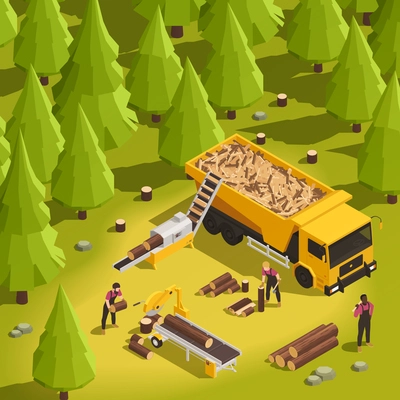 Sawmill and wood working process in forest 3d isometric vector illustration