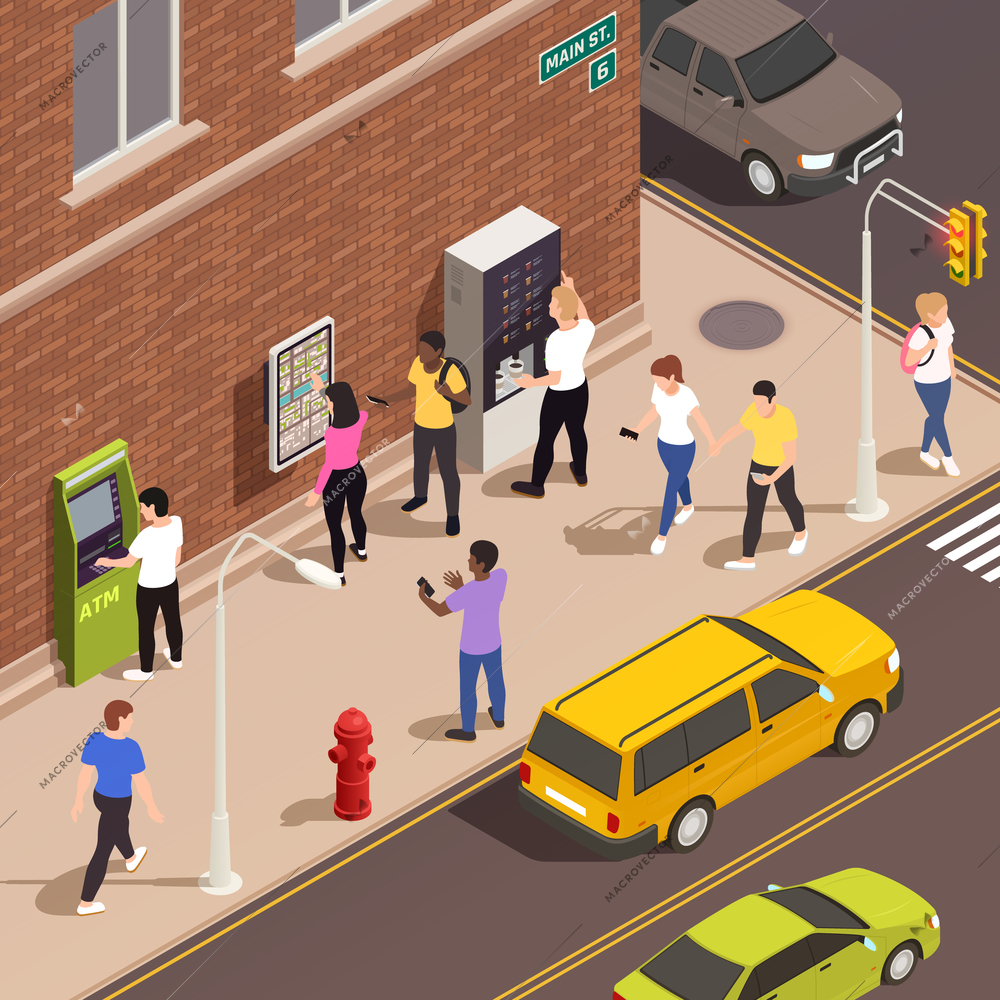 Men and women using information board atm coffee kiosk with interactive interface on sidewalk 3d isometric vector illustration