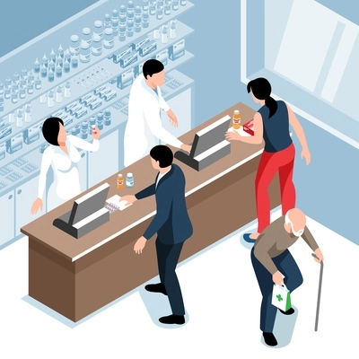 Isometric pharmacy composition with indoor view of apothecary store with pharmacists at counter and buyers visitors vector illustration