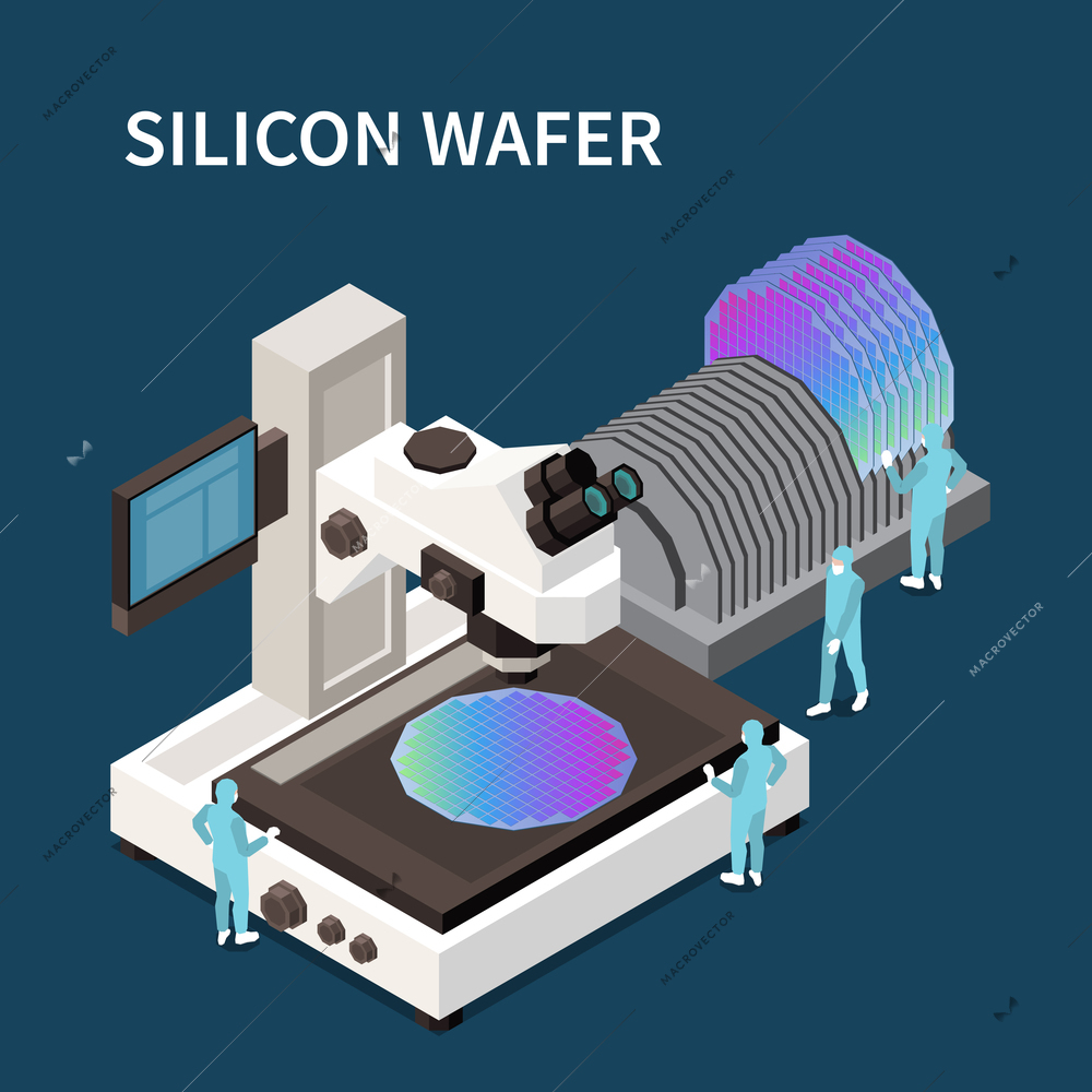 Semiconductor chip production isometric composition with editable text and factory apparatus surrounded by small worker characters vector illustration