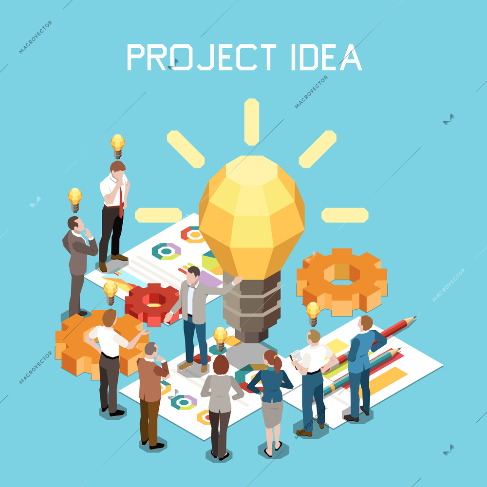 Project management isometric composition with text and polygonal icon of lamp with graphs charts and people vector illustration