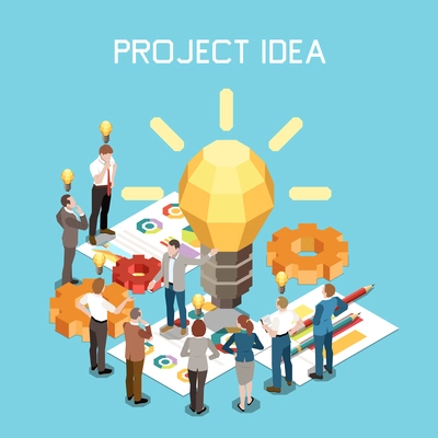 Project management isometric composition with text and polygonal icon of lamp with graphs charts and people vector illustration