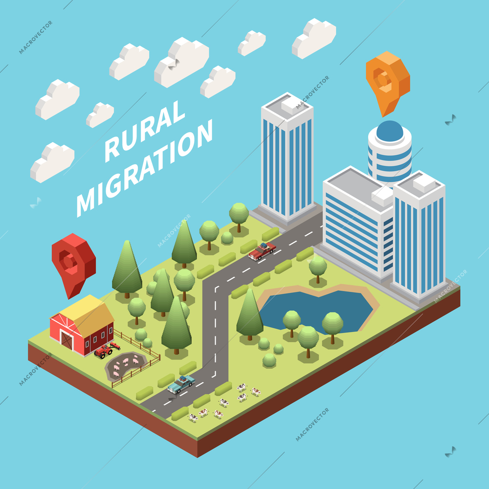 Population mobility migration displacement isometric composition with deruralization images rural and urban buildings connected with road vector illustration