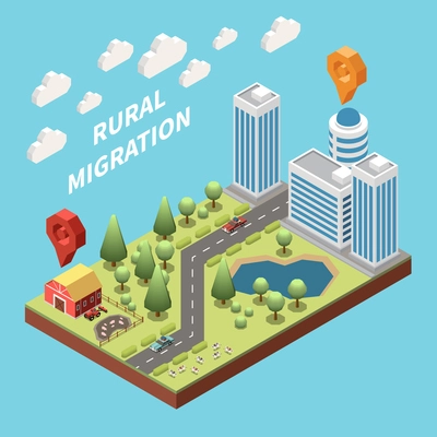 Population mobility migration displacement isometric composition with deruralization images rural and urban buildings connected with road vector illustration