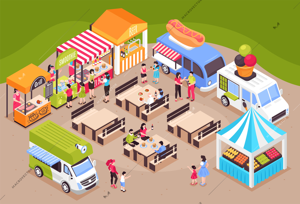 Isometric food courts fair composition with view of fairground with tables seats market stalls and vans vector illustration