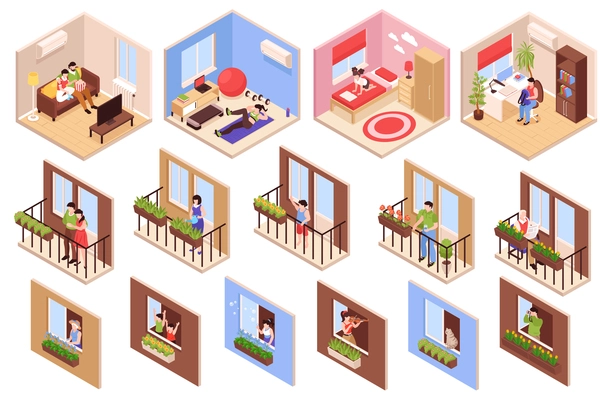 Neighbors icons set with lovely neighborhood in town symbols isometric isolated vector illustration