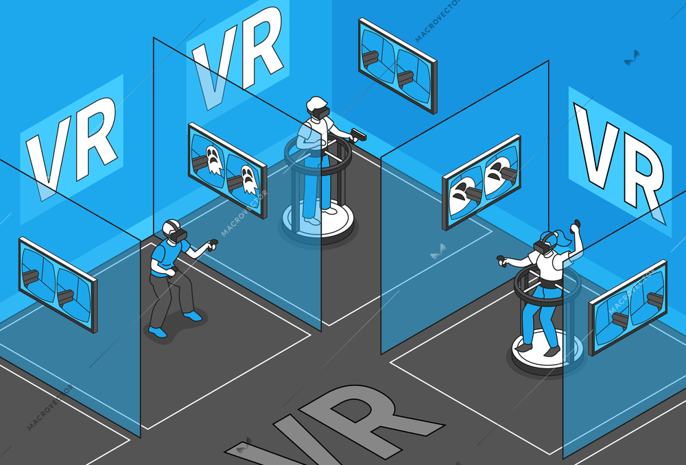 Virtual reality background with VR player symbols isometric vector illustration