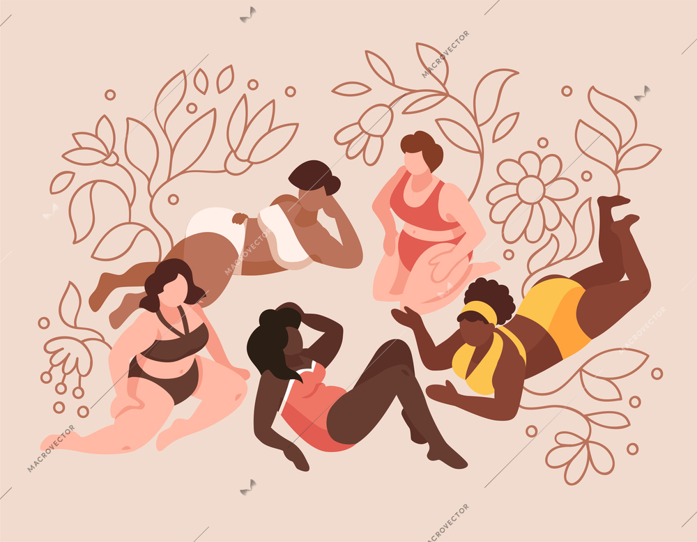 Isometric body positive composition with faceless characters of lying women of different bodily constitution with flowers vector illustration
