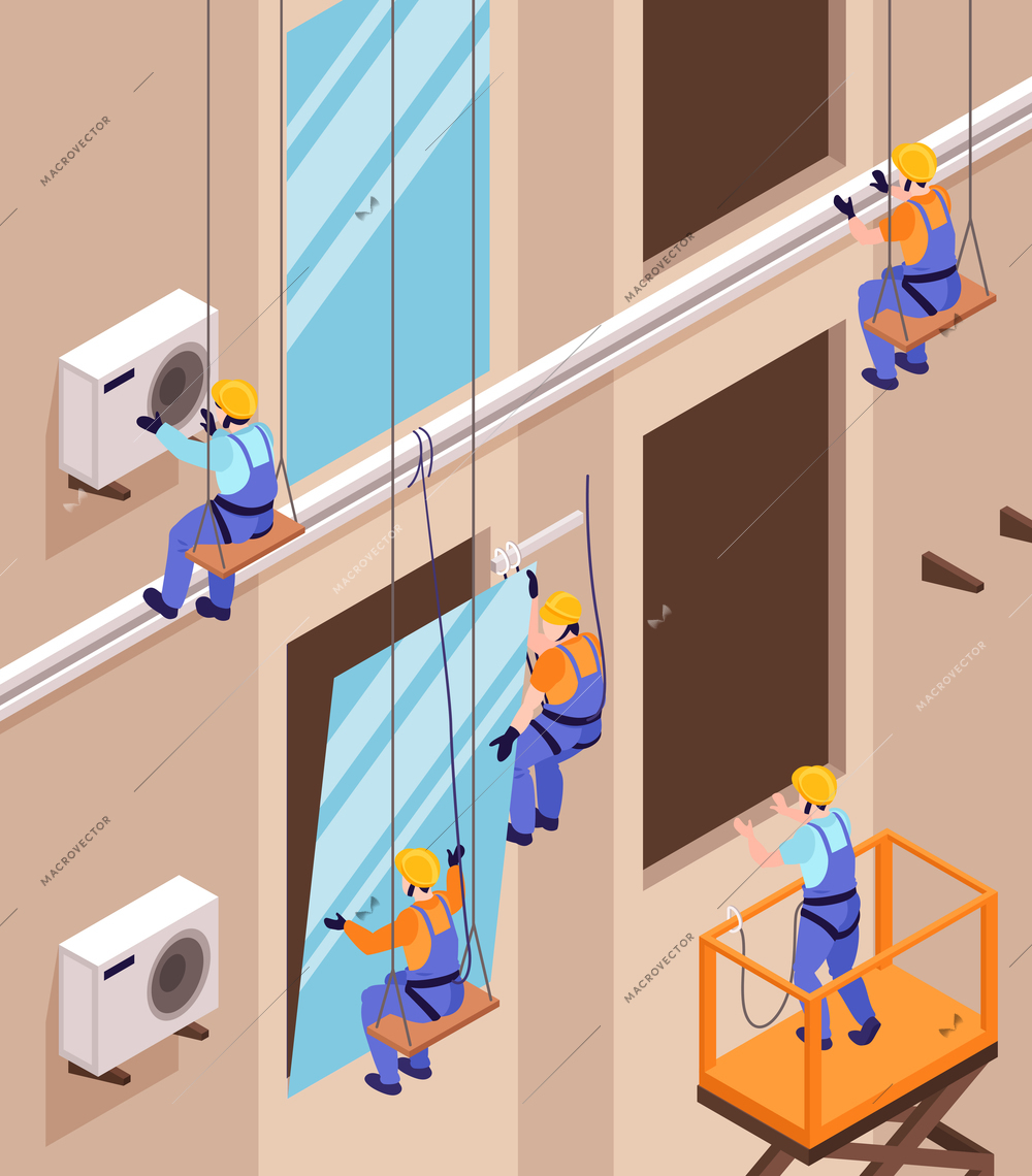 Isometric fitter composition with view of high building wall with workers installing windows and air conditioners vector illustration