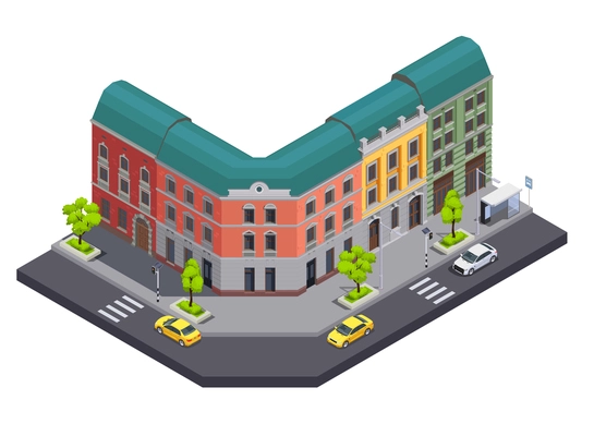 Suburban city buildings isometric composition with view of town street with cars and apartment houses row vector illustration