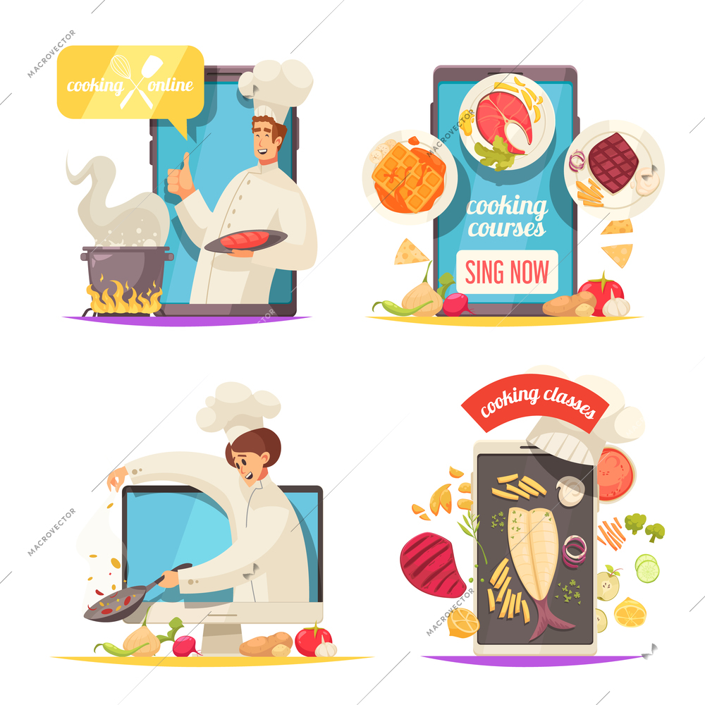 Cooking school concept icons set with courses symbols flat isolated vector illustration