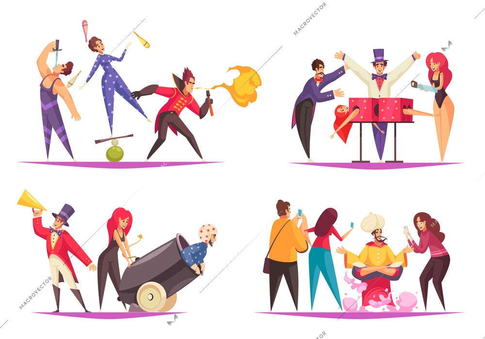 Cartoon set of 2x2 compositions with circus jugglers magicians and audience isolated on white background vector illustration