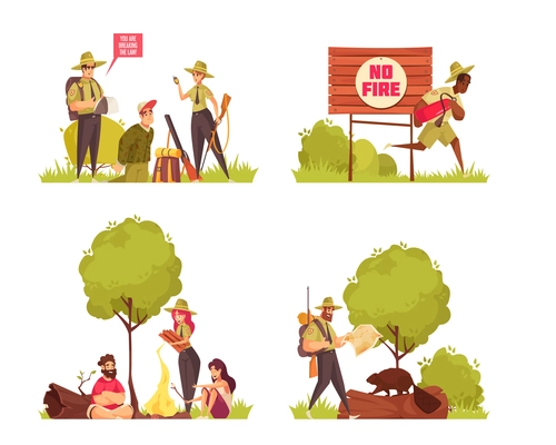 Cartoon 2x2 compositions with forest rangers catching hunters fighting fire isolated vector illustration