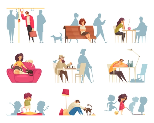 Cartoon set of compositions with lonely people and children crying drinking alcohol sitting with cats isolated vector illustration