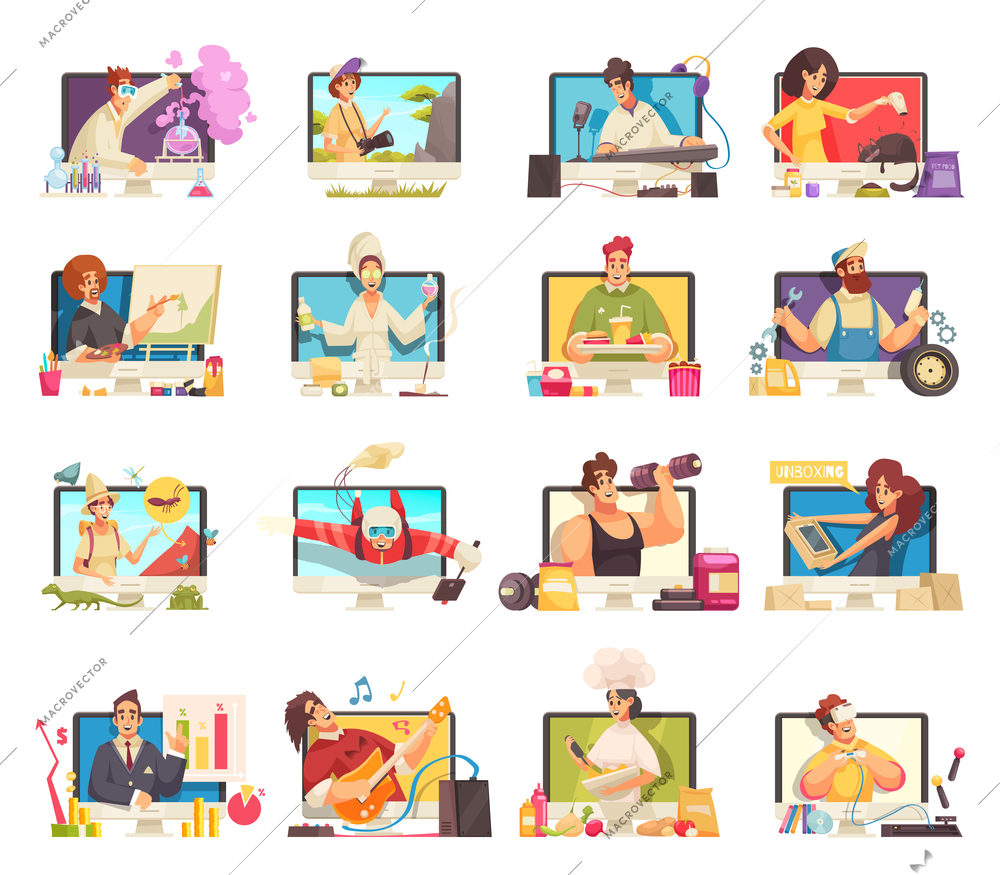 Cartoon set of icons with video bloggers talking on different subjects isolated on white background vector illustration