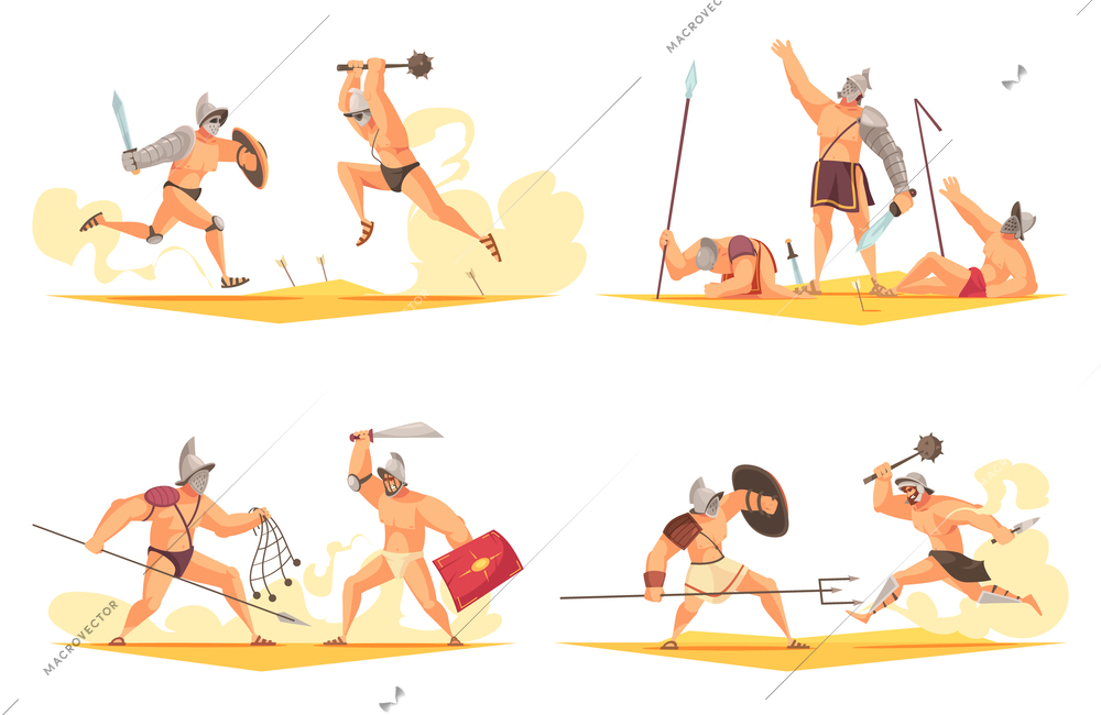 Cartoon set of four compositions with fighting armed roman gladiators isolated vector illustration