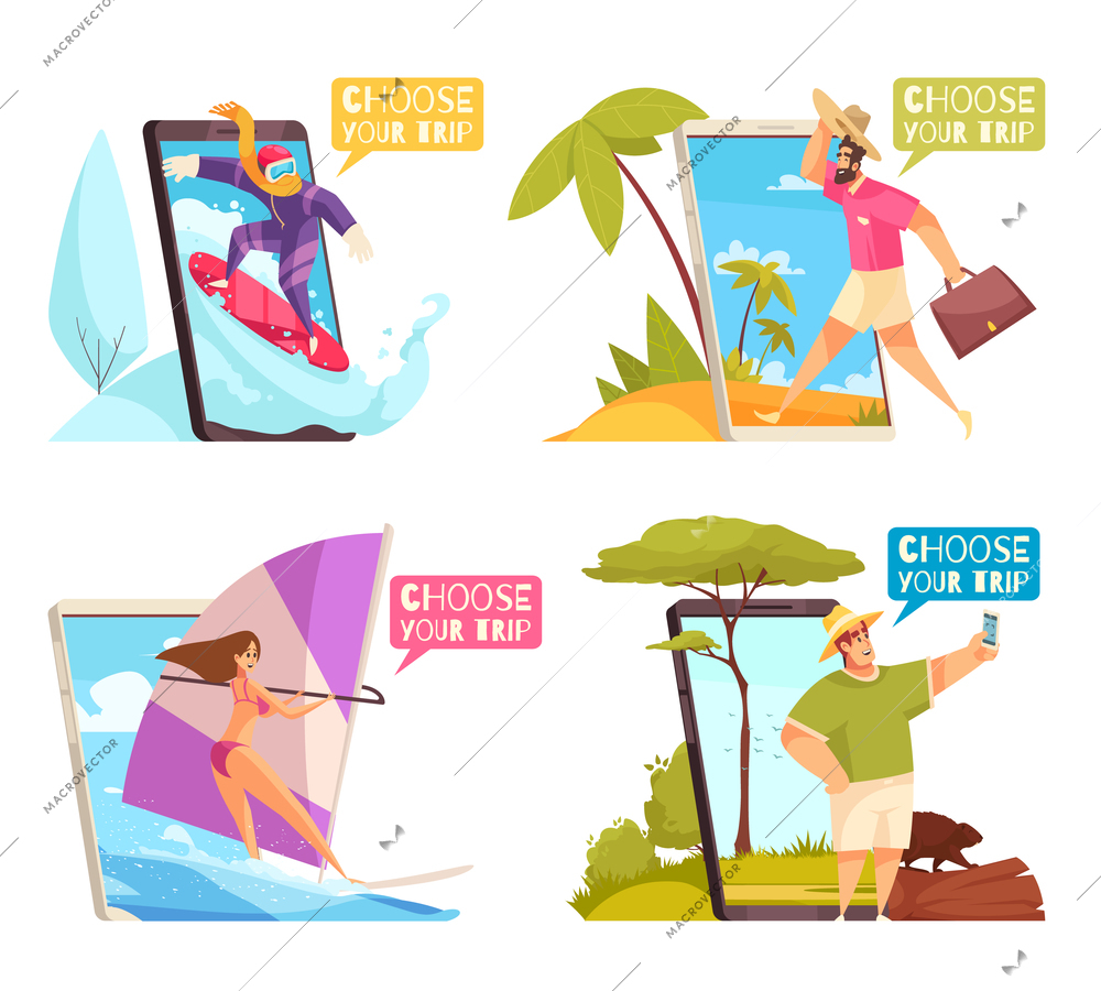 Isolated travel booking composition set isolated icons with choose your trips descriptions vector illustration