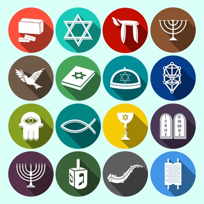 Jewish church traditional religious symbols flat icons set with torah david star dreidel isolated vector illustration