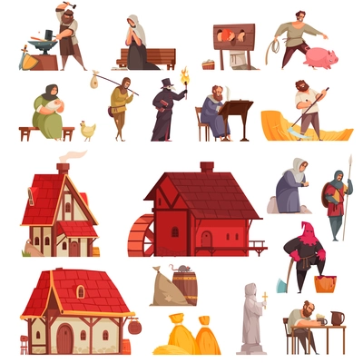 Cartoon and isolated medieval icon set with houses taverns villagers blacksmith executioner vector illustration