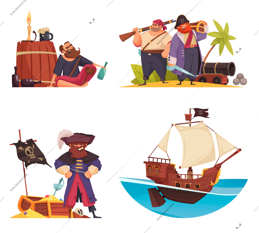 Pirate set of cartoon compositions with doodle pirates characters ship armour and flags with treasure chest vector illustration