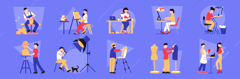 Artist professions set of isolated compositions with characters of creative people making their products and content vector illustration