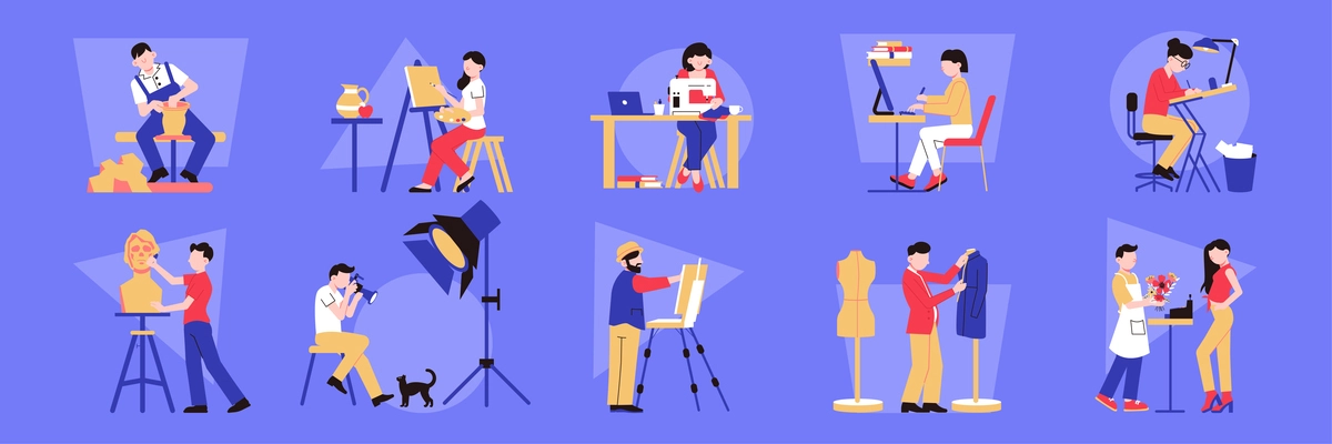 Artist professions set of isolated compositions with characters of creative people making their products and content vector illustration