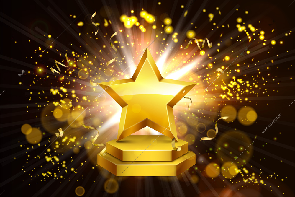 Realistic awards composition of shining star with golden particles and blurred flare lights on dark background vector illustration