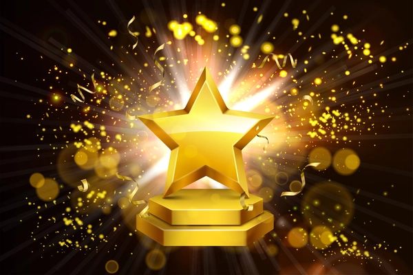 Realistic awards composition of shining star with golden particles and blurred flare lights on dark background vector illustration